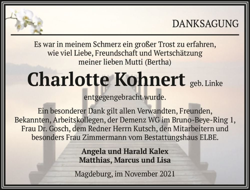  Traueranzeige für Charlotte Kohnert (geb. Linke)  vom 06.11.2021 aus Magdeburger Volksstimme