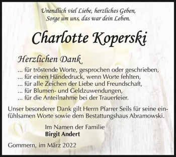 Traueranzeige von Charlotte Koperski  von Magdeburger Volksstimme