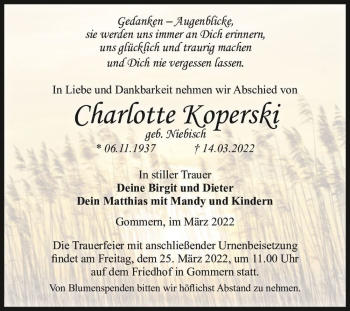 Traueranzeige von Charlotte Koperski (geb. Niebisch)  von Magdeburger Volksstimme