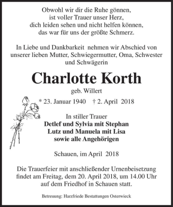 Traueranzeige von Charlotte Korth (geb. Willert)  von Magdeburger Volksstimme