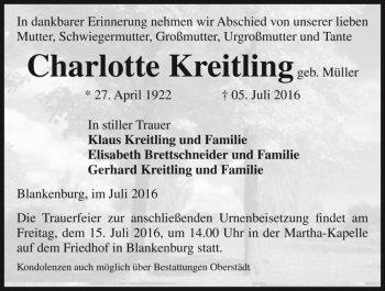 Traueranzeige von Charlotte Kreitling (geb. Müller)  von Magdeburger Volksstimme