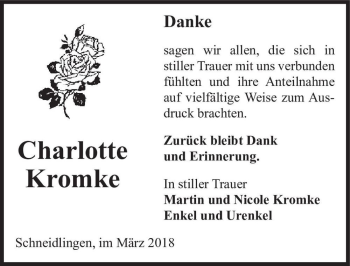 Traueranzeige von Charlotte Kromke  von Magdeburger Volksstimme