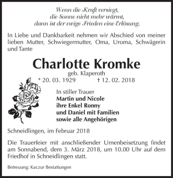 Traueranzeige von Charlotte Kromke (geb. Klaperoth)  von Magdeburger Volksstimme