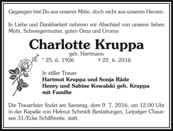 Traueranzeige von Charlotte Kruppa (geb. Hartmann)  von Magdeburger Volksstimme