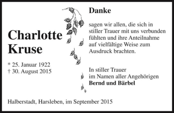 Traueranzeige von Charlotte Kruse  von Magdeburger Volksstimme