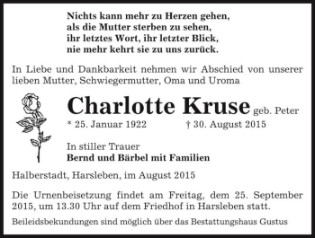 Traueranzeige von Charlotte Kruse (geb. Peter)  von Magdeburger Volksstimme