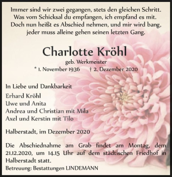 Traueranzeige von Charlotte Kröhl (geb. Werkmeister)  von Magdeburger Volksstimme
