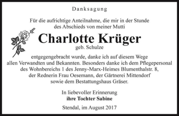 Traueranzeige von Charlotte Krüger (geb. Schulze)  von Magdeburger Volksstimme
