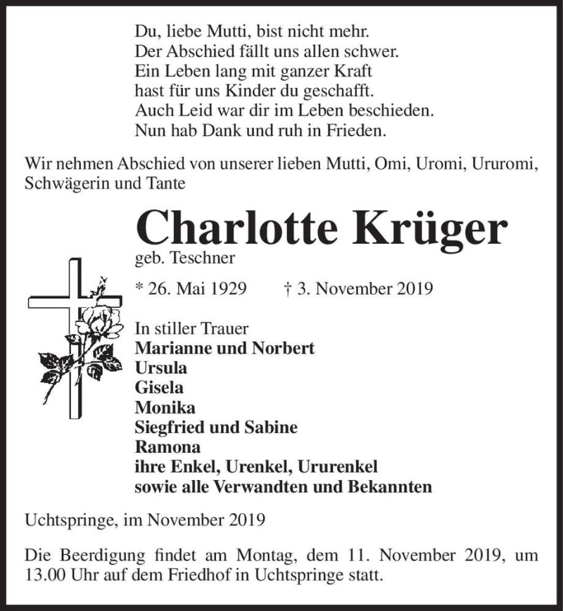  Traueranzeige für Charlotte Krüger (geb. Teschner)  vom 06.11.2019 aus Magdeburger Volksstimme