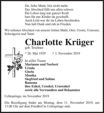 Traueranzeige von Charlotte Krüger (geb. Teschner)  von Magdeburger Volksstimme