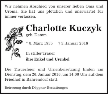 Traueranzeige von Charlotte Kuczyk (geb. Damm)  von Magdeburger Volksstimme