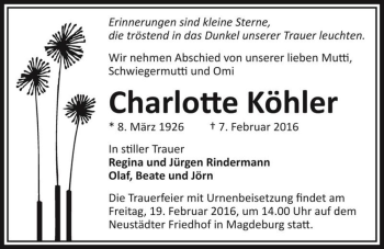 Traueranzeige von Charlotte Köhler  von Magdeburger Volksstimme