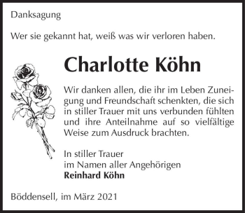 Traueranzeige von Charlotte Köhn  von Magdeburger Volksstimme