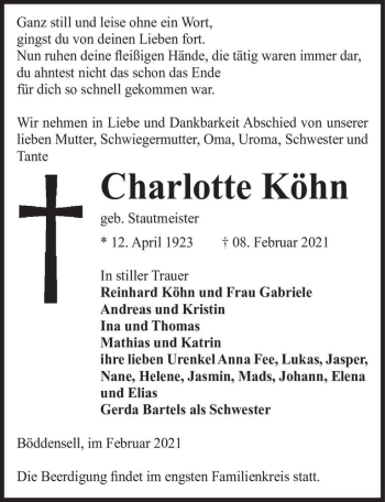 Traueranzeige von Charlotte Köhn (geb. Stautmeister)  von Magdeburger Volksstimme
