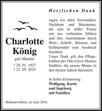 Traueranzeige von Charlotte König (geb. Marnitz)  von Magdeburger Volksstimme
