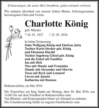Traueranzeige von Charlotte König (geb. Marnitz)  von Magdeburger Volksstimme