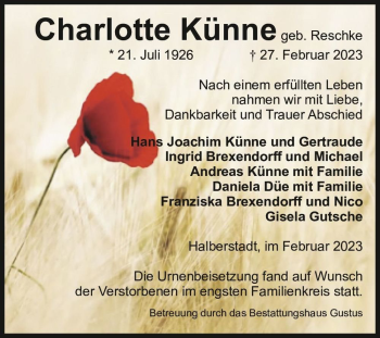 Traueranzeige von Charlotte Künne (geb. Reschke)  von Magdeburger Volksstimme
