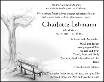 Traueranzeige von Charlotte Lehmann (geb. Wiehne)  von Magdeburger Volksstimme