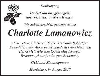 Traueranzeige von Charlotte Lemanowicz  von Magdeburger Volksstimme