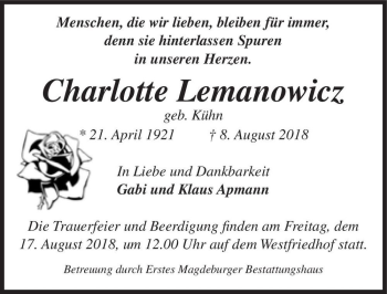 Traueranzeige von Charlotte Lemanowicz (geb. Kühn)  von Magdeburger Volksstimme