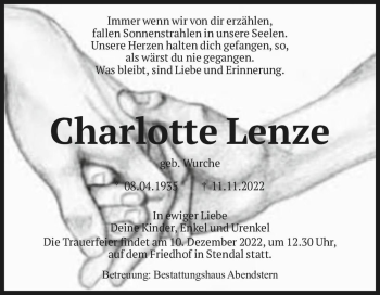 Traueranzeige von Charlotte Lenze (geb. Wurche)  von Magdeburger Volksstimme