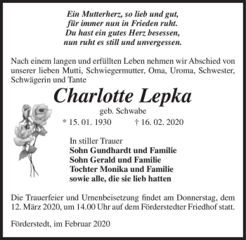 Traueranzeige von Charlotte Lepka (geb. Schwabe)  von Magdeburger Volksstimme