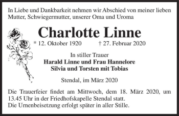 Traueranzeige von Charlotte Linne  von Magdeburger Volksstimme