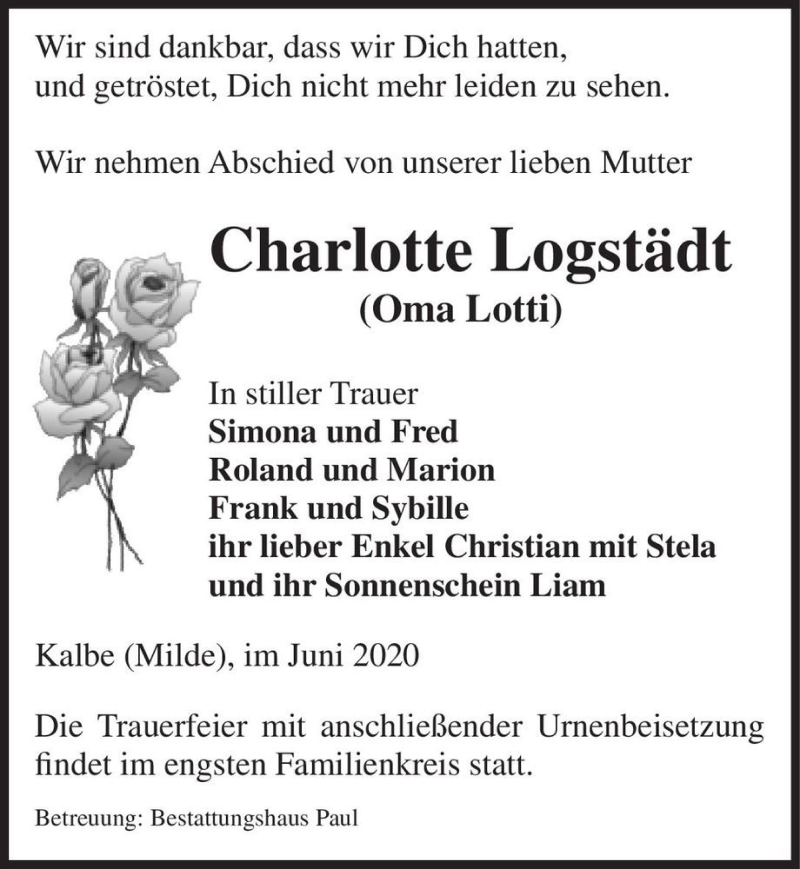  Traueranzeige für Charlotte Logstädt 