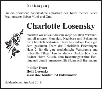 Traueranzeige von Charlotte Losensky  von Magdeburger Volksstimme