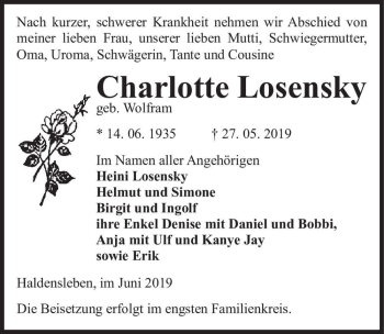 Traueranzeige von Charlotte Losensky (geb. Wolfram)  von Magdeburger Volksstimme