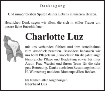 Traueranzeige von Charlotte Luz  von Magdeburger Volksstimme