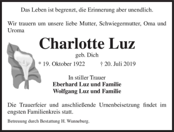 Traueranzeige von Charlotte Luz (geb. Dich)  von Magdeburger Volksstimme