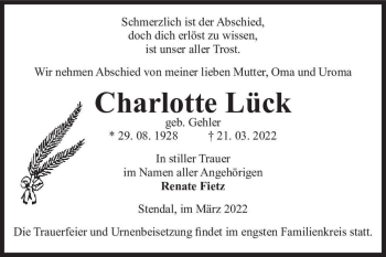 Traueranzeige von Charlotte Lück (geb. Gehler)  von Magdeburger Volksstimme