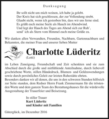 Traueranzeige von Charlotte Lüderitz 