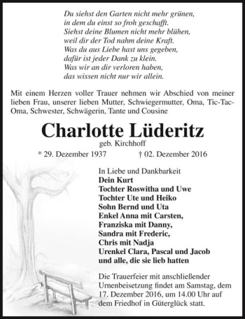 Traueranzeige von Charlotte Lüderitz (geb. Kirchhoff)  von Magdeburger Volksstimme