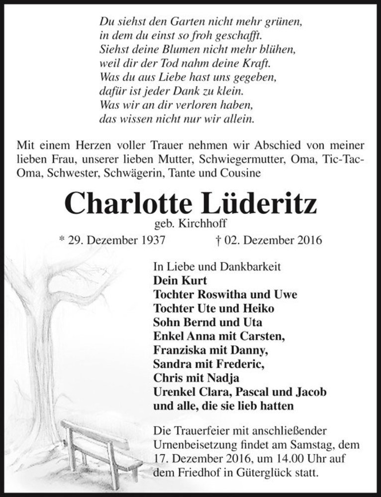  Traueranzeige für Charlotte Lüderitz (geb. Kirchhoff)  vom 10.12.2016 aus Magdeburger Volksstimme