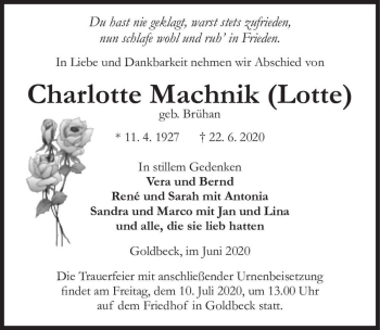 Traueranzeige von Charlotte Machnik (Lotte) (geb. Brühan)  von Magdeburger Volksstimme