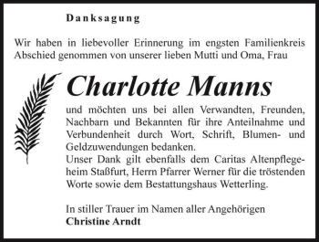 Traueranzeige von Charlotte Manns  von Magdeburger Volksstimme