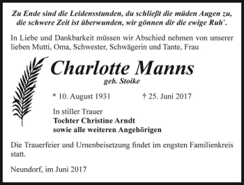 Traueranzeige von Charlotte Manns (geb. Stoike)  von Magdeburger Volksstimme