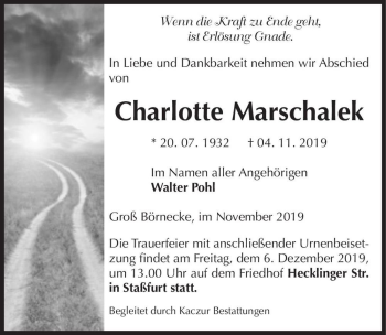 Traueranzeige von Charlotte Marschalek  von Magdeburger Volksstimme