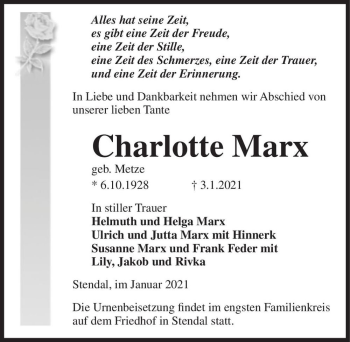 Traueranzeige von Charlotte Marx (geb. Metze)  von Magdeburger Volksstimme