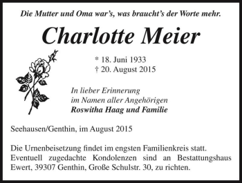 Traueranzeige von Charlotte Meier  von Magdeburger Volksstimme