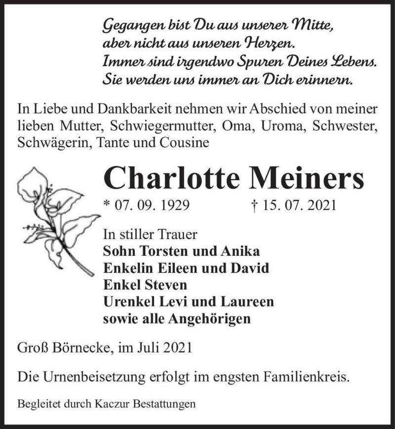 Traueranzeige für Charlotte Meiners  vom 20.07.2021 aus Magdeburger Volksstimme