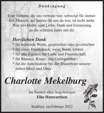 Traueranzeige von Charlotte Mekelburg  von Magdeburger Volksstimme