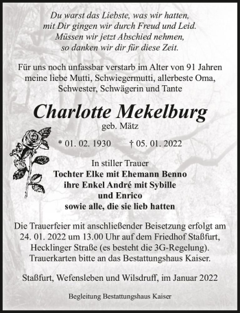 Traueranzeige von Charlotte Mekelburg (geb. Mätz)  von Magdeburger Volksstimme