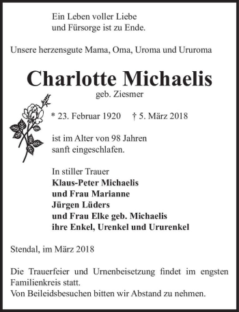 Traueranzeige von Charlotte Michaelis (geb. Ziesmer)  von Magdeburger Volksstimme