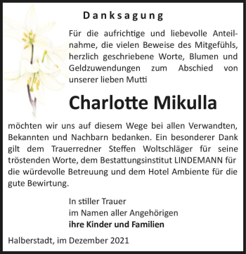 Traueranzeige von Charlotte Mikulla  von Magdeburger Volksstimme