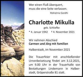 Traueranzeige von Charlotte Mikulla (geb. Schliefke)  von Magdeburger Volksstimme