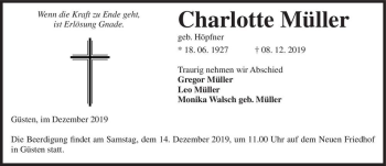 Traueranzeige von Charlotte Müller (geb. Höpfner)  von Magdeburger Volksstimme