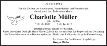 Traueranzeige von Charlotte Müller (geb. Höpfner)  von Magdeburger Volksstimme